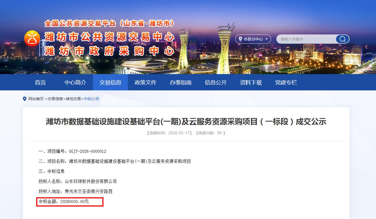 千萬(wàn)級(jí)中標(biāo)！環(huán)球軟件中標(biāo)濰坊國(guó)家級(jí)數(shù)據(jù)基礎(chǔ)設(shè)施先行先試核心基礎(chǔ)平臺(tái)